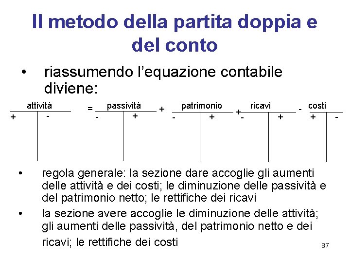 Il metodo della partita doppia e del conto • riassumendo l’equazione contabile diviene: attività