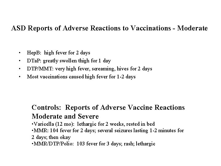 ASD Reports of Adverse Reactions to Vaccinations - Moderate • • Hep. B: high