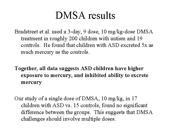 DMSA results Bradstreet et al. used a 3 -day, 9 dose, 10 mg/kg-dose DMSA