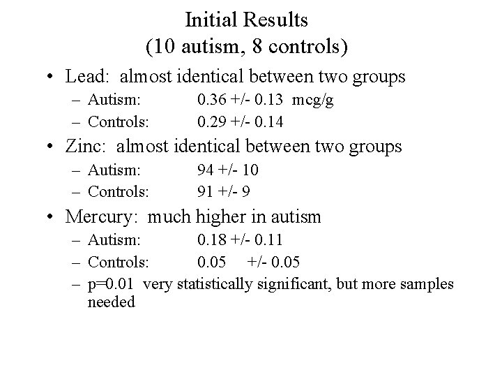 Initial Results (10 autism, 8 controls) • Lead: almost identical between two groups –