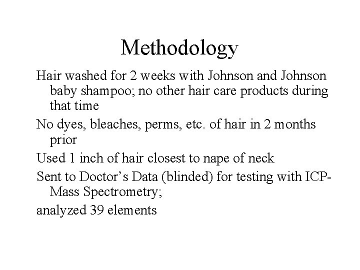 Methodology Hair washed for 2 weeks with Johnson and Johnson baby shampoo; no other