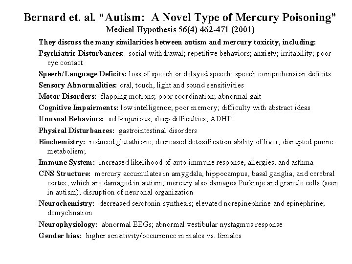 Bernard et. al. “Autism: A Novel Type of Mercury Poisoning” Medical Hypothesis 56(4) 462