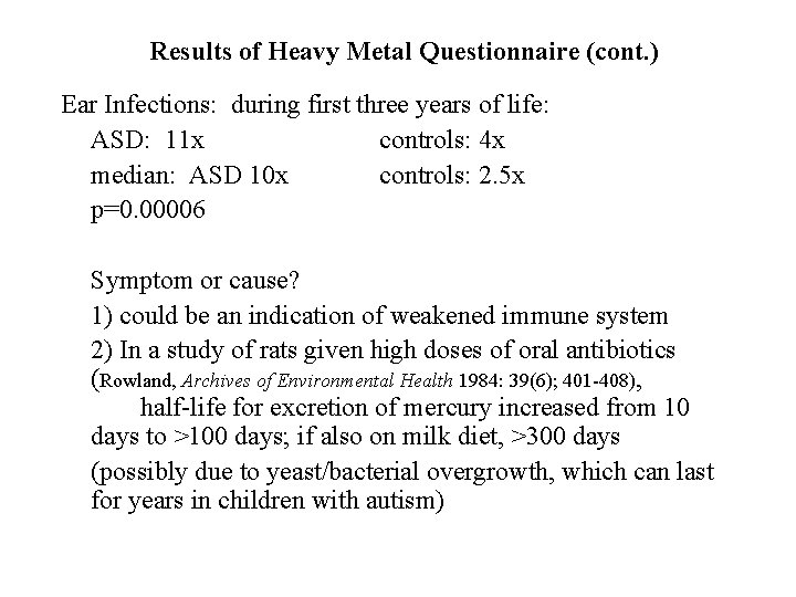 Results of Heavy Metal Questionnaire (cont. ) Ear Infections: during first three years of