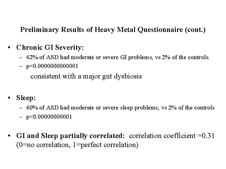 Preliminary Results of Heavy Metal Questionnaire (cont. ) • Chronic GI Severity: – 62%