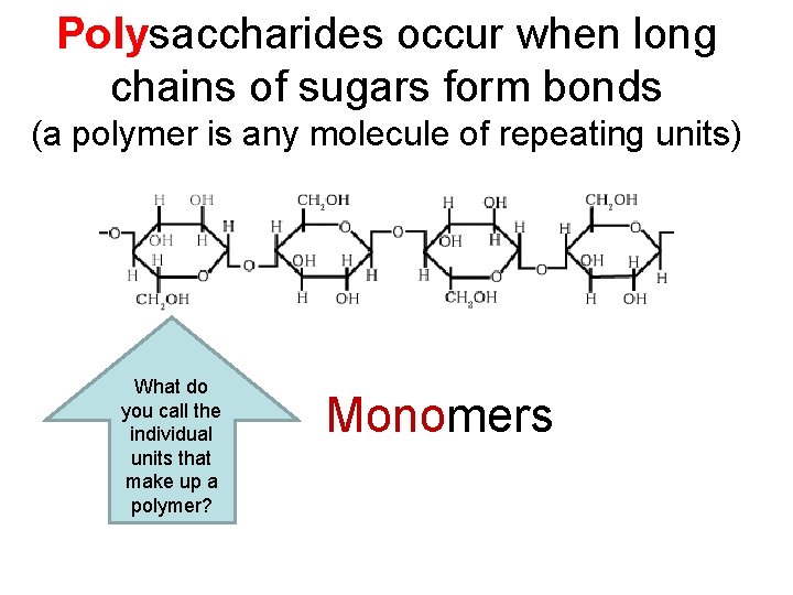 Polysaccharides occur when long chains of sugars form bonds (a polymer is any molecule