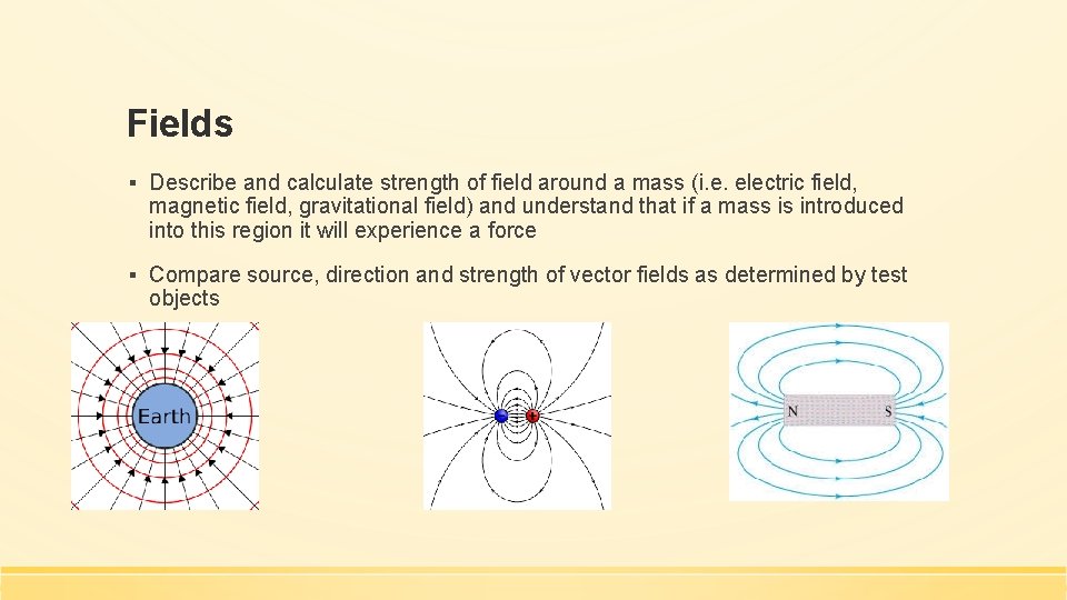 Fields ▪ Describe and calculate strength of field around a mass (i. e. electric