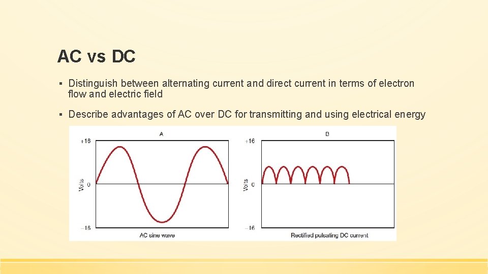 AC vs DC ▪ Distinguish between alternating current and direct current in terms of
