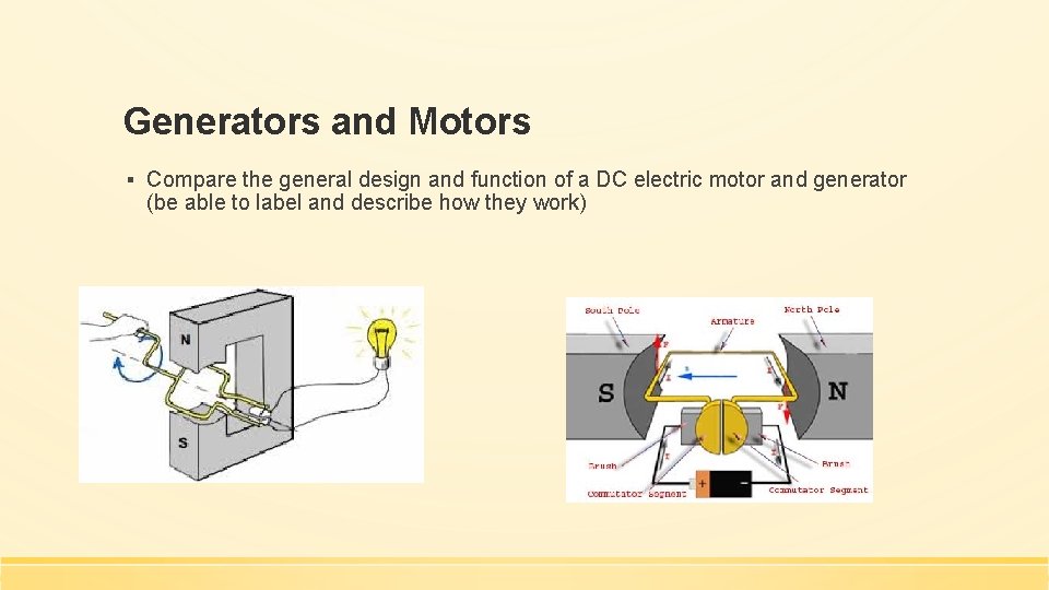 Generators and Motors ▪ Compare the general design and function of a DC electric