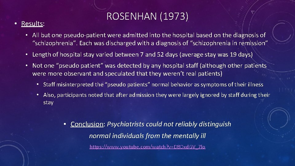  • Results: ROSENHAN (1973) • All but one pseudo-patient were admitted into the