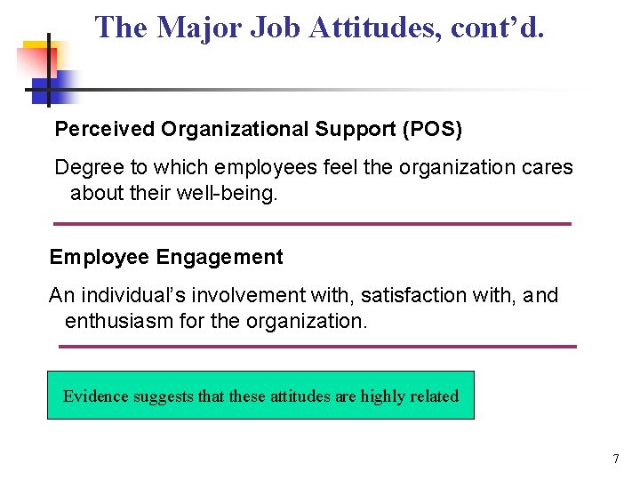 The Major Job Attitudes, cont’d. Perceived Organizational Support (POS) Degree to which employees feel