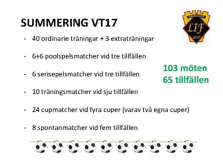 SUMMERING VT 17 - 40 ordinarie träningar + 3 extraträningar - 6+6 poolspelsmatcher vid