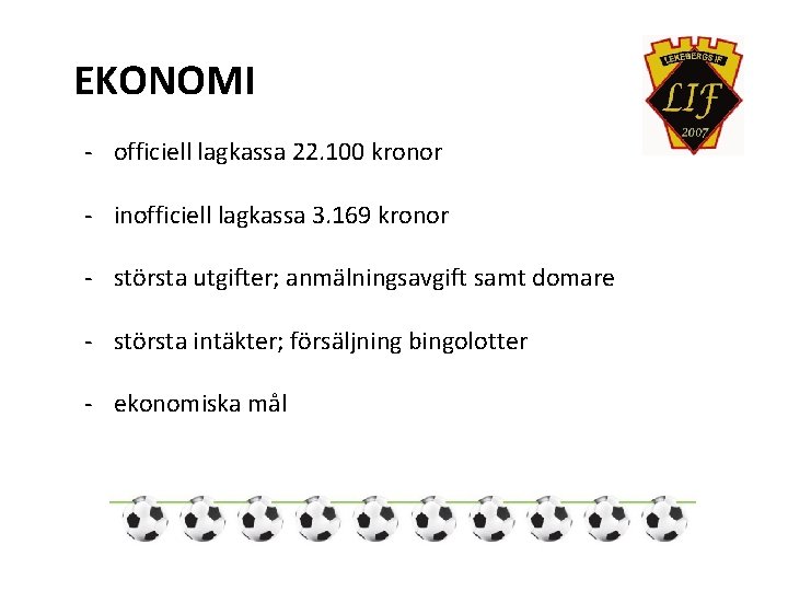EKONOMI - officiell lagkassa 22. 100 kronor - inofficiell lagkassa 3. 169 kronor -