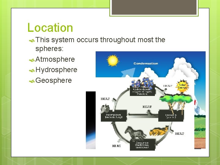 Location This system occurs throughout most the spheres: Atmosphere Hydrosphere Geosphere 