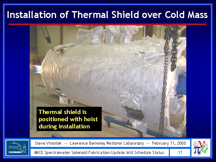 Installation of Thermal Shield over Cold Mass Thermal shield is positioned with hoist during