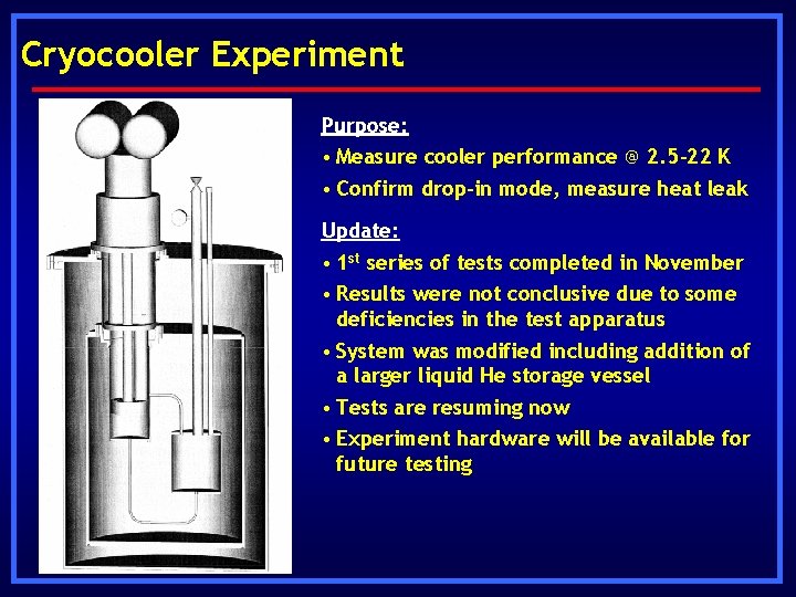Cryocooler Experiment Purpose: • Measure cooler performance @ 2. 5 -22 K • Confirm