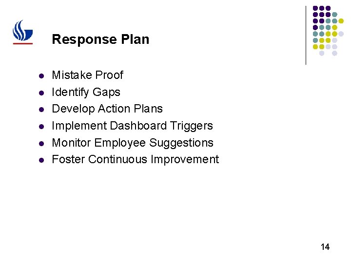 Response Plan l l l Mistake Proof Identify Gaps Develop Action Plans Implement Dashboard