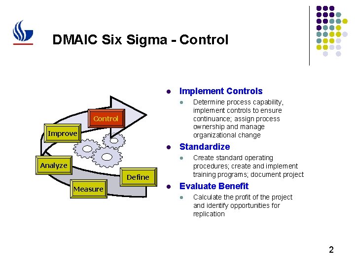 DMAIC Six Sigma - Control l Implement Controls l Control Improve l Standardize l