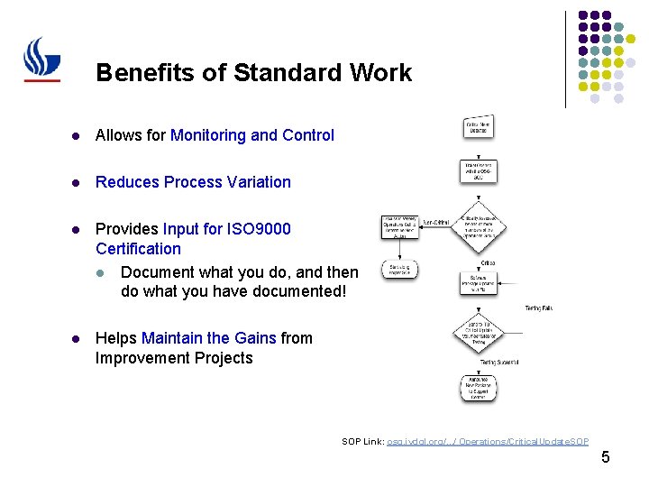 Benefits of Standard Work l Allows for Monitoring and Control l Reduces Process Variation