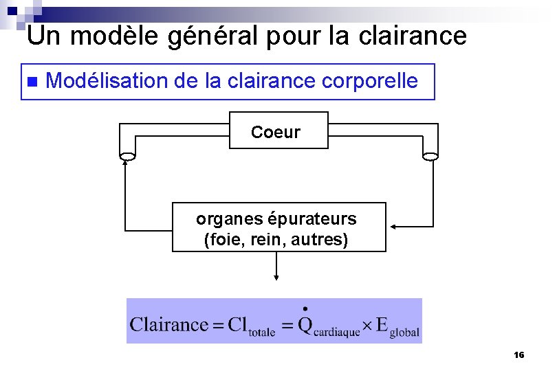 Un modèle général pour la clairance n Modélisation de la clairance corporelle Coeur organes