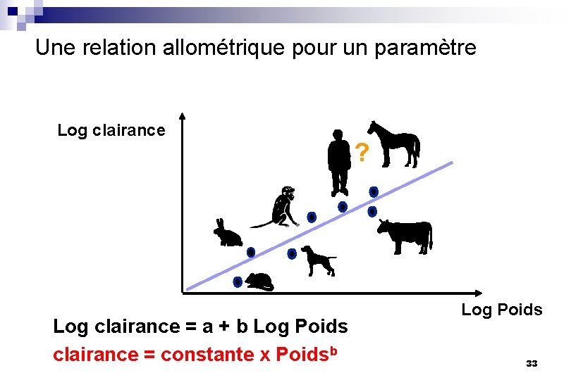 Une relation allométrique pour un paramètre Log clairance = a + b Log Poids