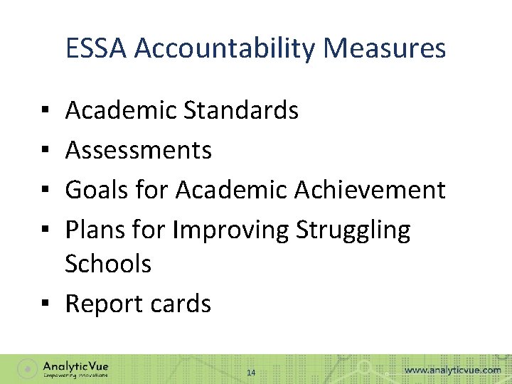 ESSA Accountability Measures Academic Standards Assessments Goals for Academic Achievement Plans for Improving Struggling
