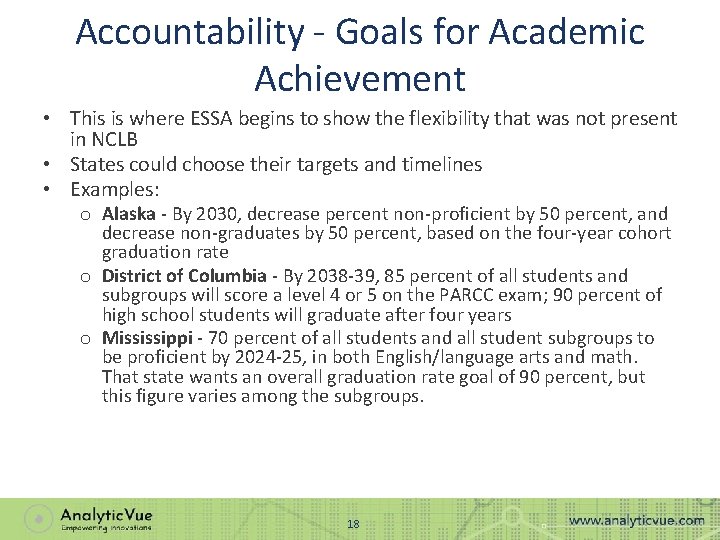 Accountability - Goals for Academic Achievement • This is where ESSA begins to show