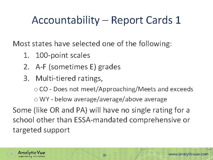 Accountability – Report Cards 1 Most states have selected one of the following: 1.