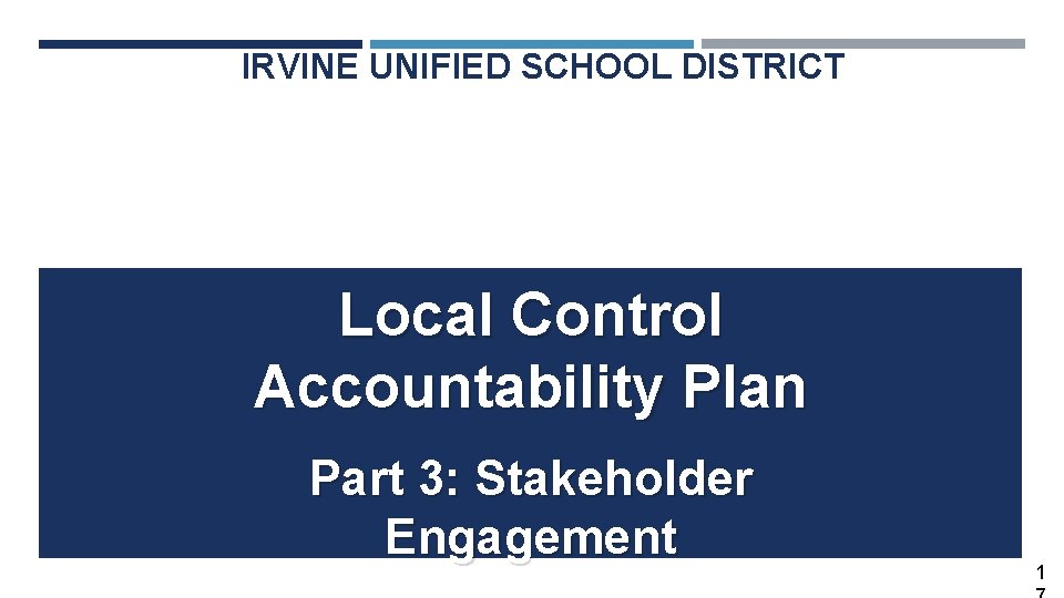 IRVINE UNIFIED SCHOOL DISTRICT Local Control Accountability Plan Part 3: Stakeholder Engagement 1 
