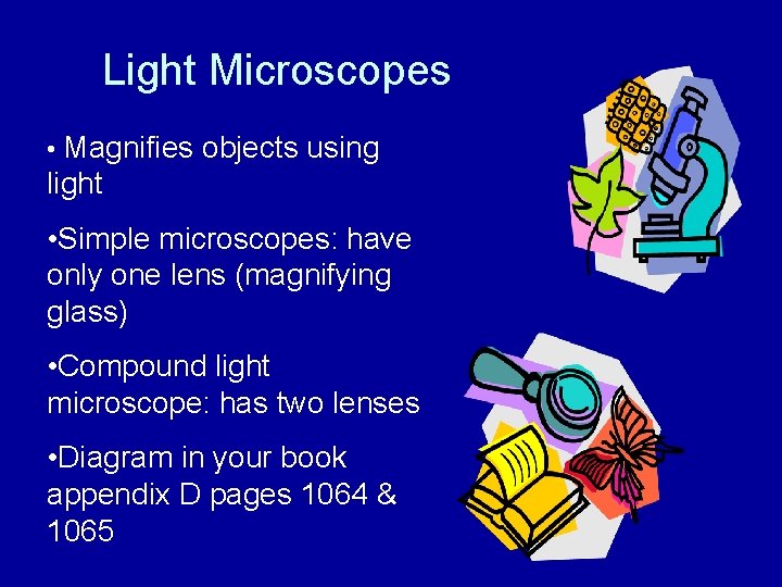 Light Microscopes • Magnifies objects using light • Simple microscopes: have only one lens