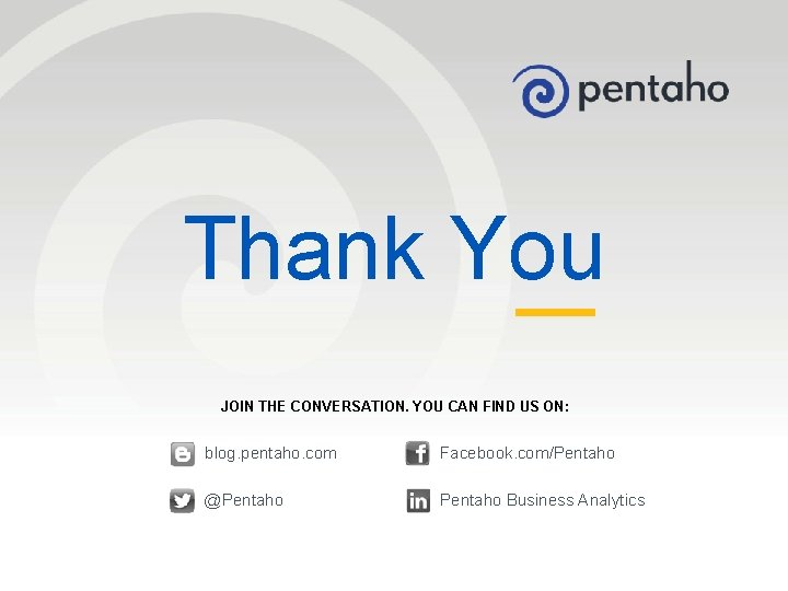 Thank You JOIN THE CONVERSATION. YOU CAN FIND US ON: 24 blog. pentaho. com