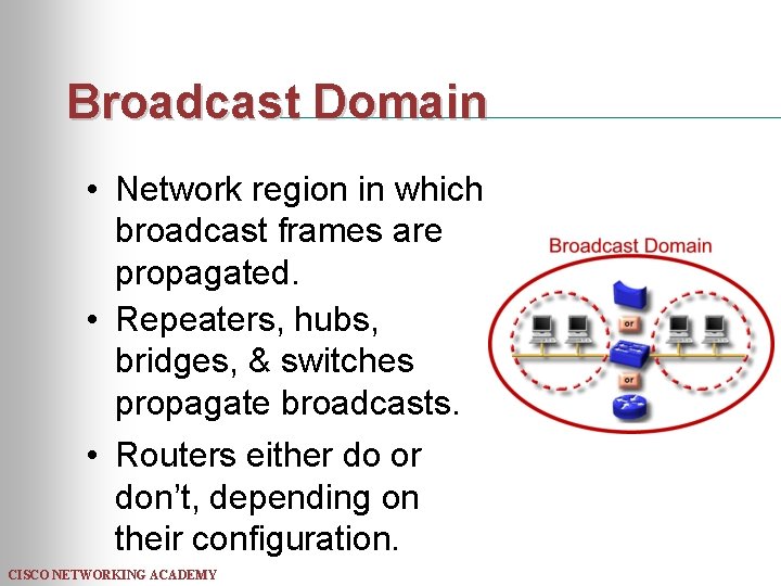 Broadcast Domain • Network region in which broadcast frames are propagated. • Repeaters, hubs,
