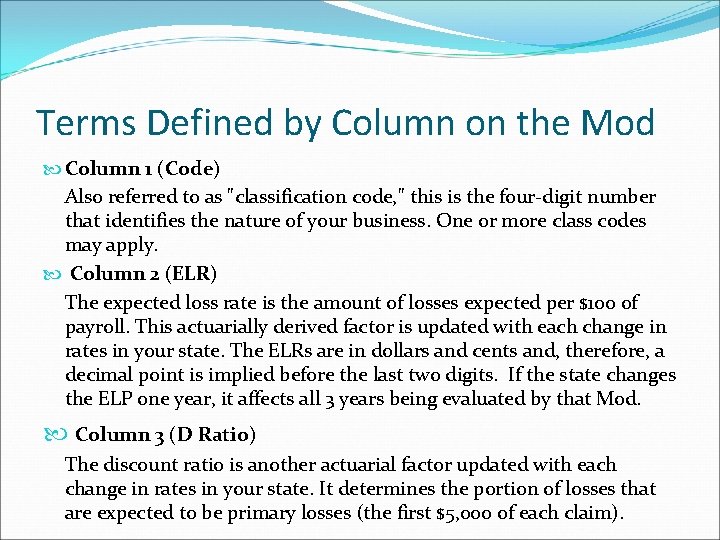 Terms Defined by Column on the Mod Column 1 (Code) Also referred to as