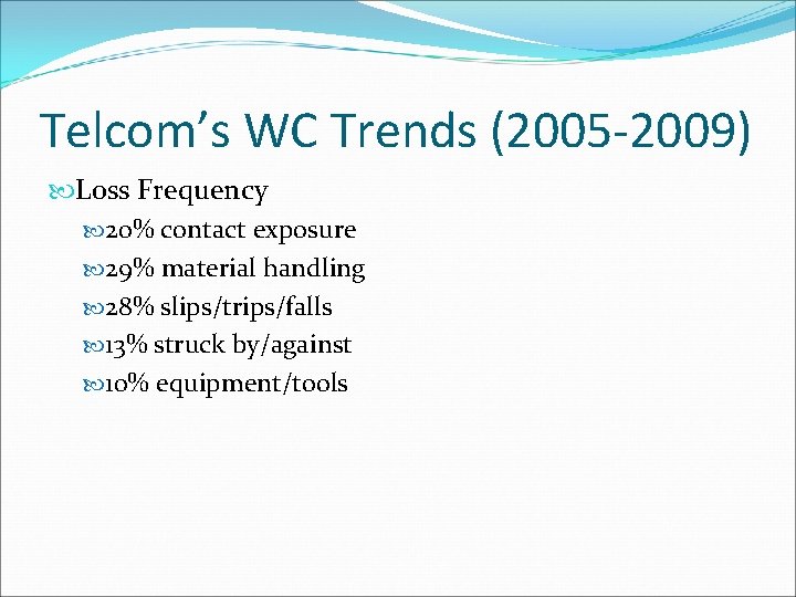 Telcom’s WC Trends (2005 -2009) Loss Frequency 20% contact exposure 29% material handling 28%