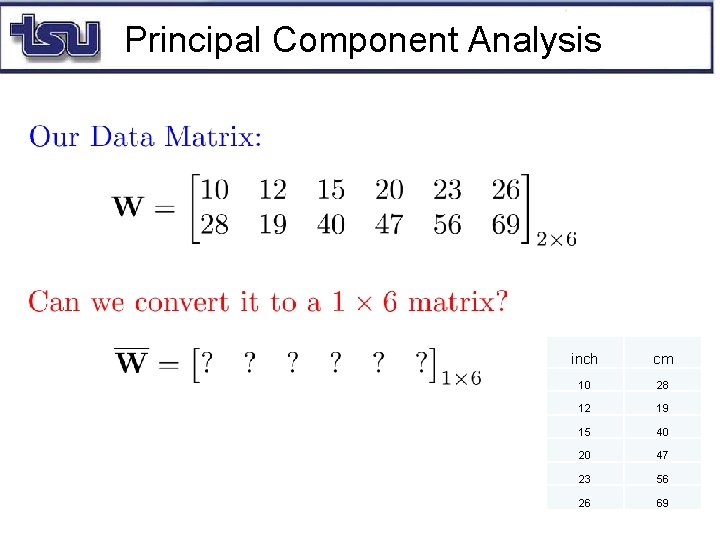 Principal Component Analysis inch cm 10 28 12 19 15 40 20 47 23