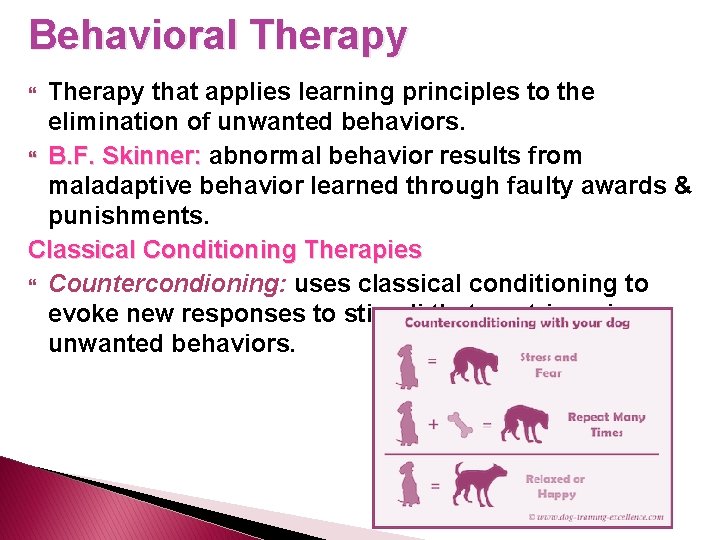 Behavioral Therapy that applies learning principles to the elimination of unwanted behaviors. B. F.