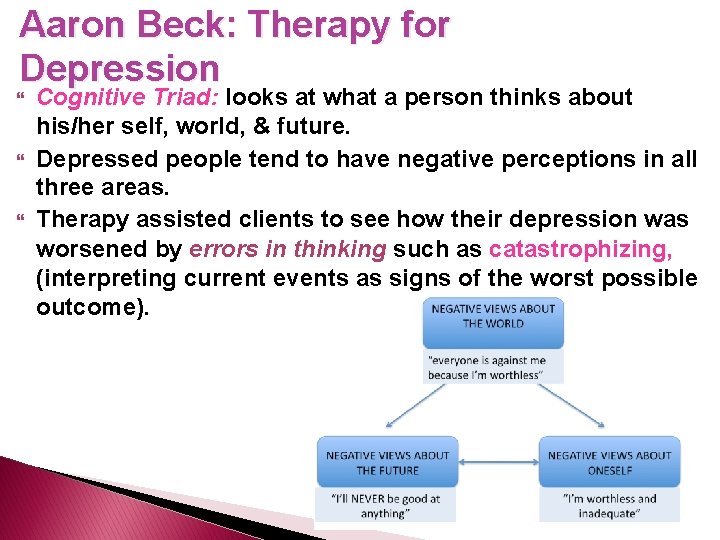 Aaron Beck: Therapy for Depression Cognitive Triad: looks at what a person thinks about