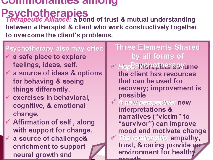Commonalities among Psychotherapies Therapeutic Alliance: a bond of trust & mutual understanding between a