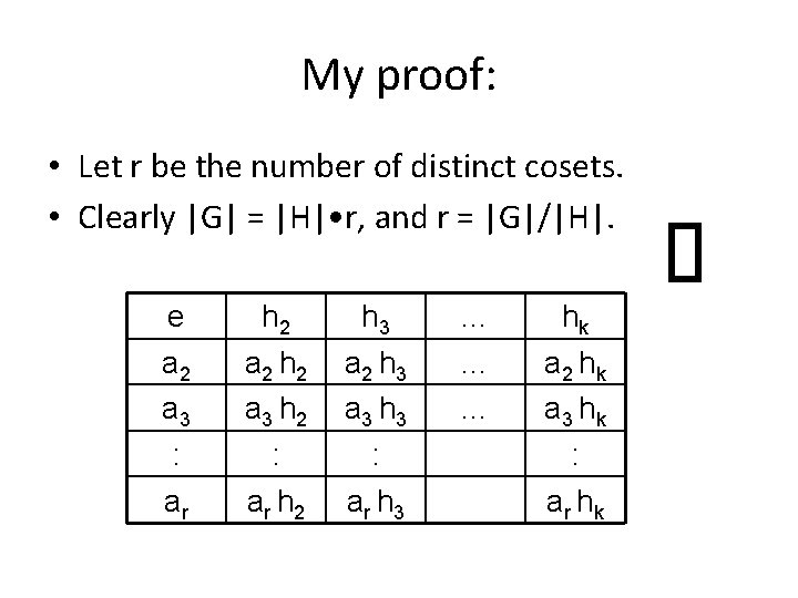 My proof: • Let r be the number of distinct cosets. • Clearly |G|