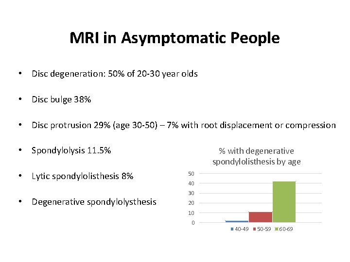 MRI in Asymptomatic People • Disc degeneration: 50% of 20 -30 year olds •