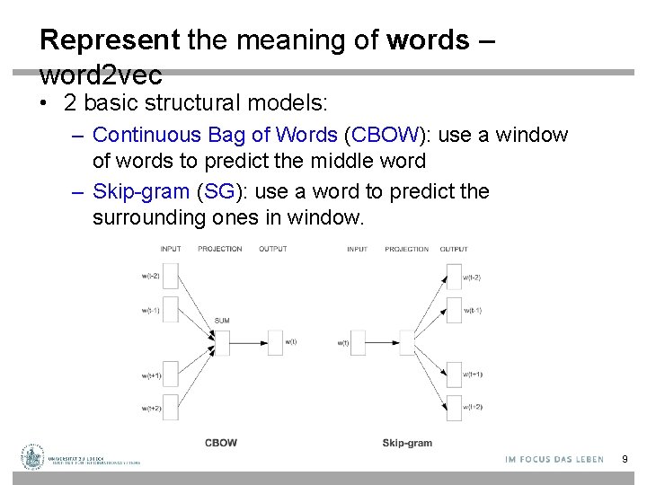 Represent the meaning of words – word 2 vec • 2 basic structural models: