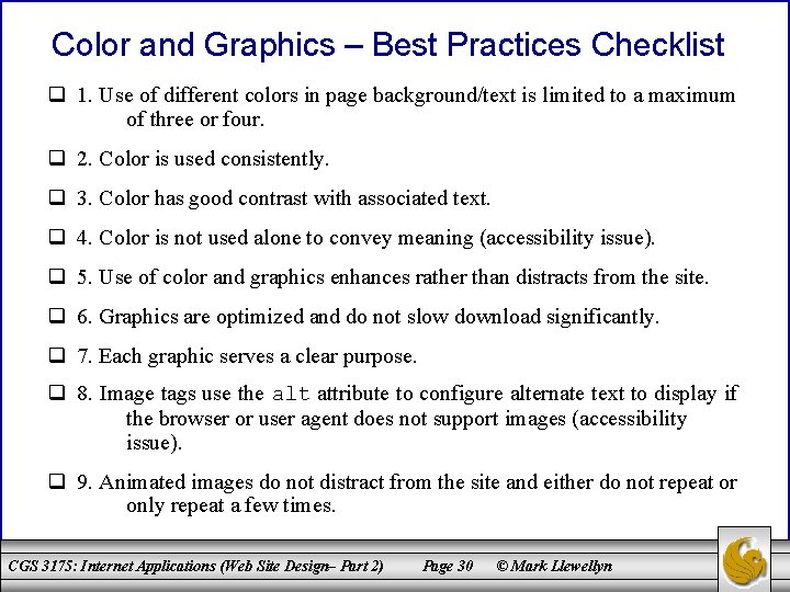 Color and Graphics – Best Practices Checklist q 1. Use of different colors in