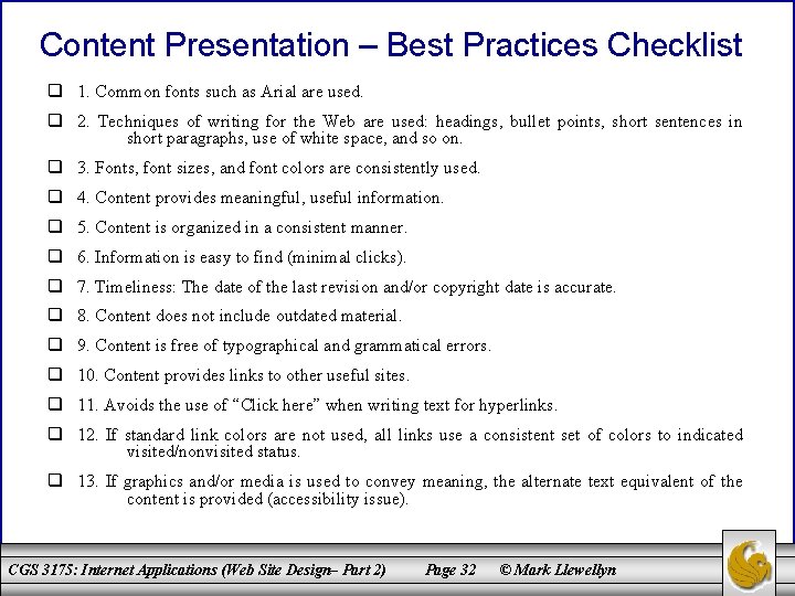 Content Presentation – Best Practices Checklist q 1. Common fonts such as Arial are