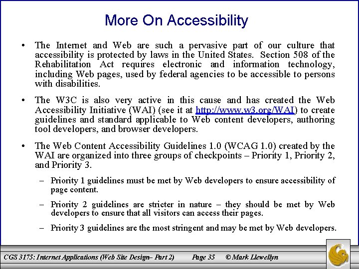 More On Accessibility • The Internet and Web are such a pervasive part of