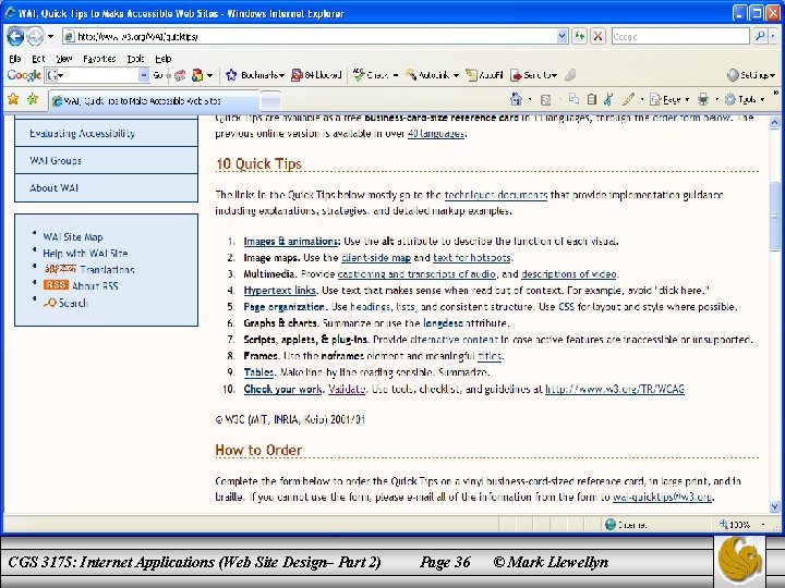 CGS 3175: Internet Applications (Web Site Design– Part 2) Page 36 © Mark Llewellyn