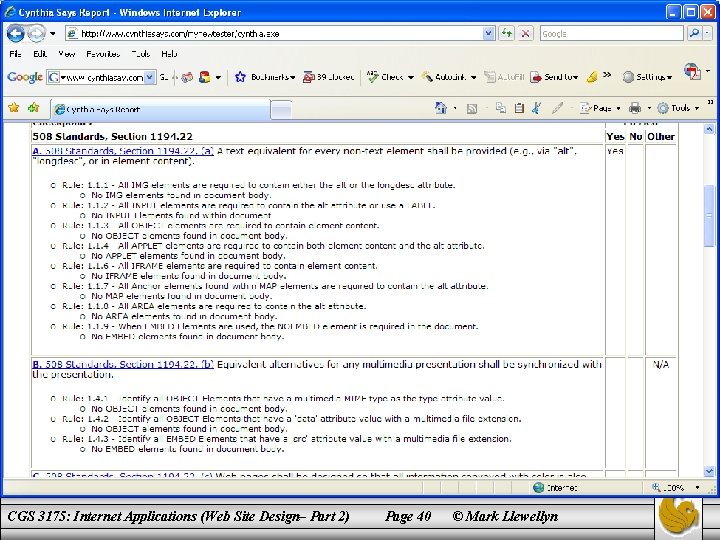 CGS 3175: Internet Applications (Web Site Design– Part 2) Page 40 © Mark Llewellyn