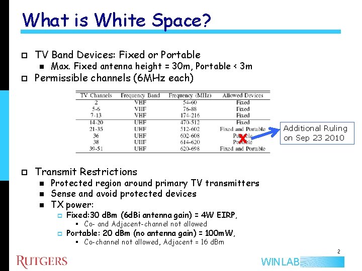 What is White Space? p TV Band Devices: Fixed or Portable n p Max.