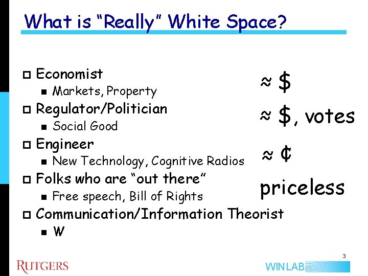 What is “Really” White Space? p Economist n p ≈ $, votes New Technology,