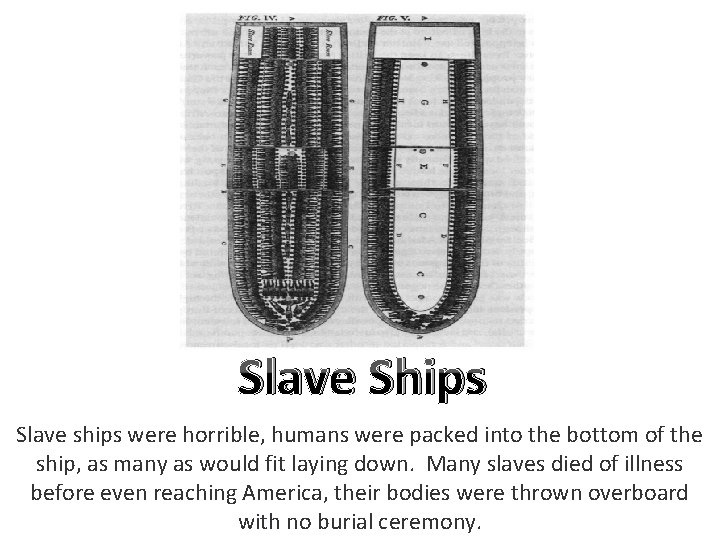 Slave Ships Slave ships were horrible, humans were packed into the bottom of the