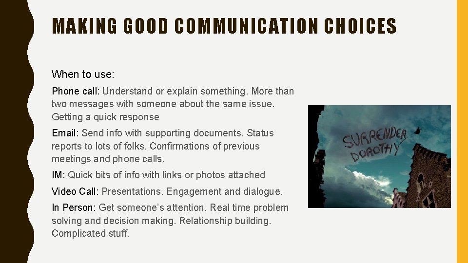 MAKING GOOD COMMUNICATION CHOICES When to use: Phone call: Understand or explain something. More