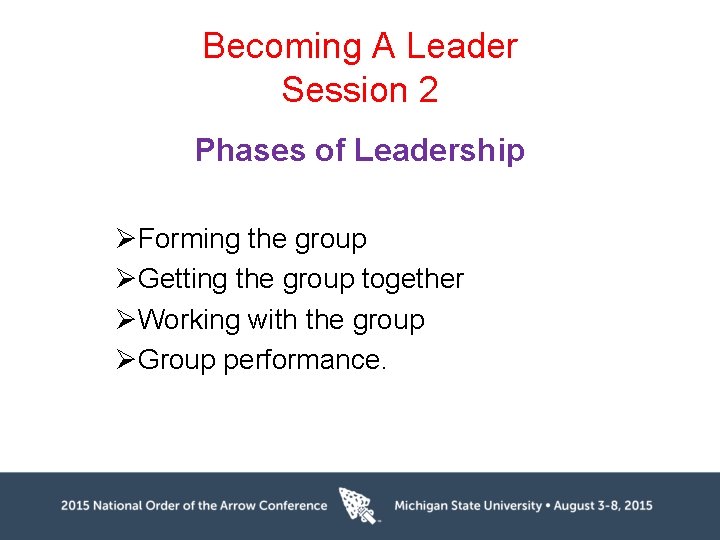 Becoming A Leader Session 2 Phases of Leadership ØForming the group ØGetting the group